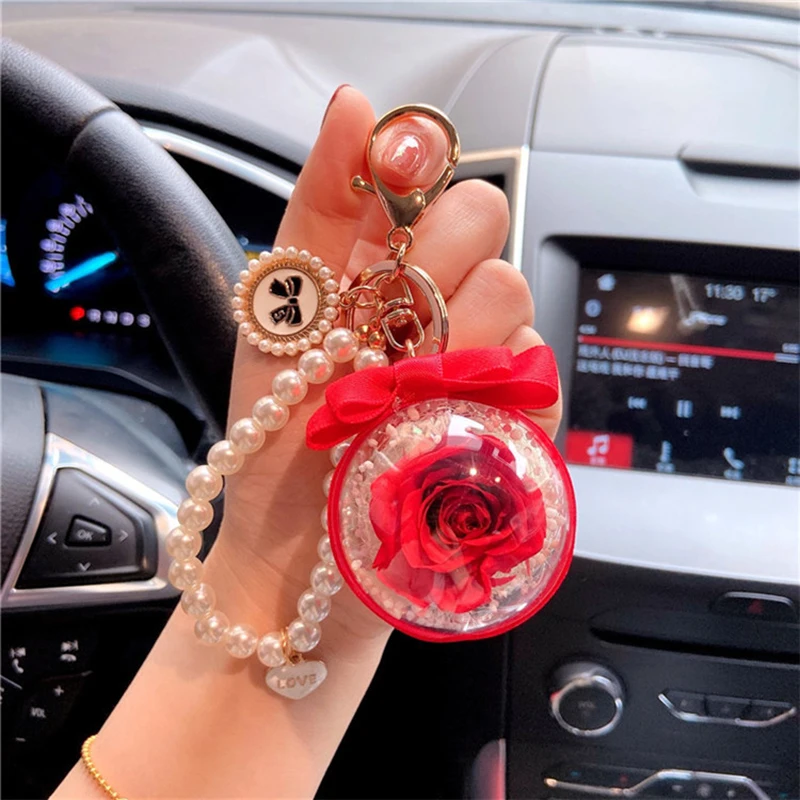 product factory wholesale preserved rose everlasting flower acrylic ball key chain for women girls car hanging valentines day gift-63