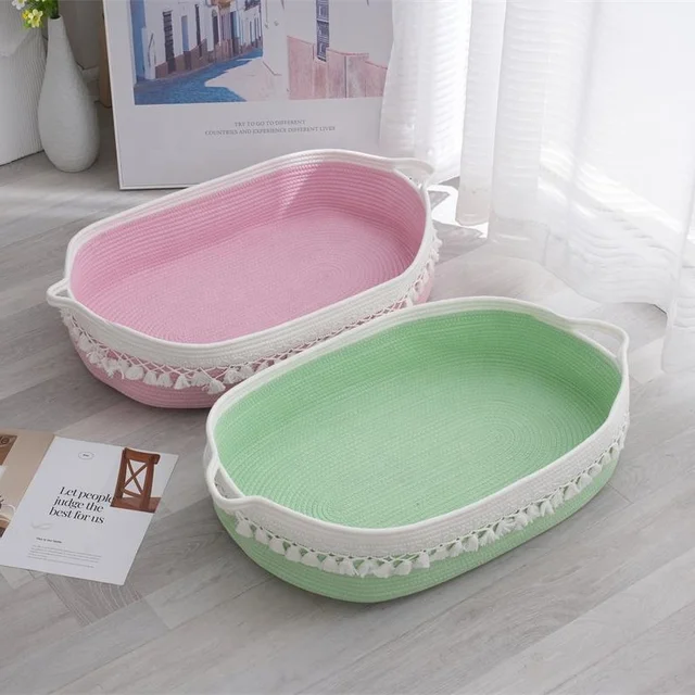 Cotton Rope Woven Portable Oval Storage Basket Tassel Element Household Sundries Diaper Basket