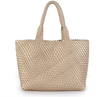 Best-selling New Arrival Gold Handwoven Tote PU Soft Leather Bucket Bag with Detachable Mini Bag Casual Shoulder Bag