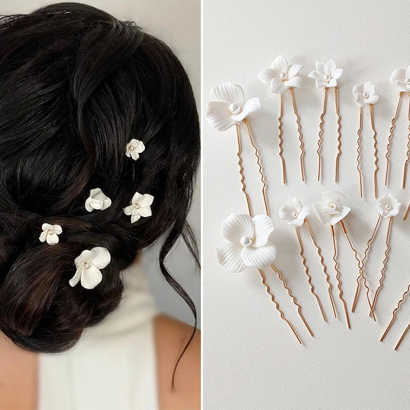 Simple Floral Headpiece Ceramic Flower Hair Pin Pearl Bridal ...