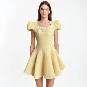 Custom Elegant Short Puff Sleeve Mini Dress with Floral Neckline