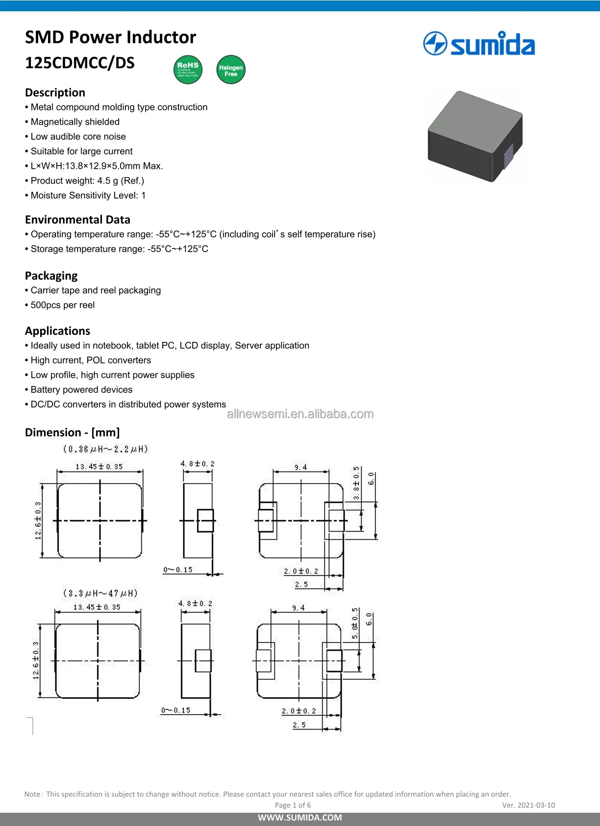 Hot sale Original Fixed Inductors 125CDMCCDS-470MC FIXED IND 47UH 4.5A 97.2MOHM SMD Shielded Molded Inductor Max Nonstandard