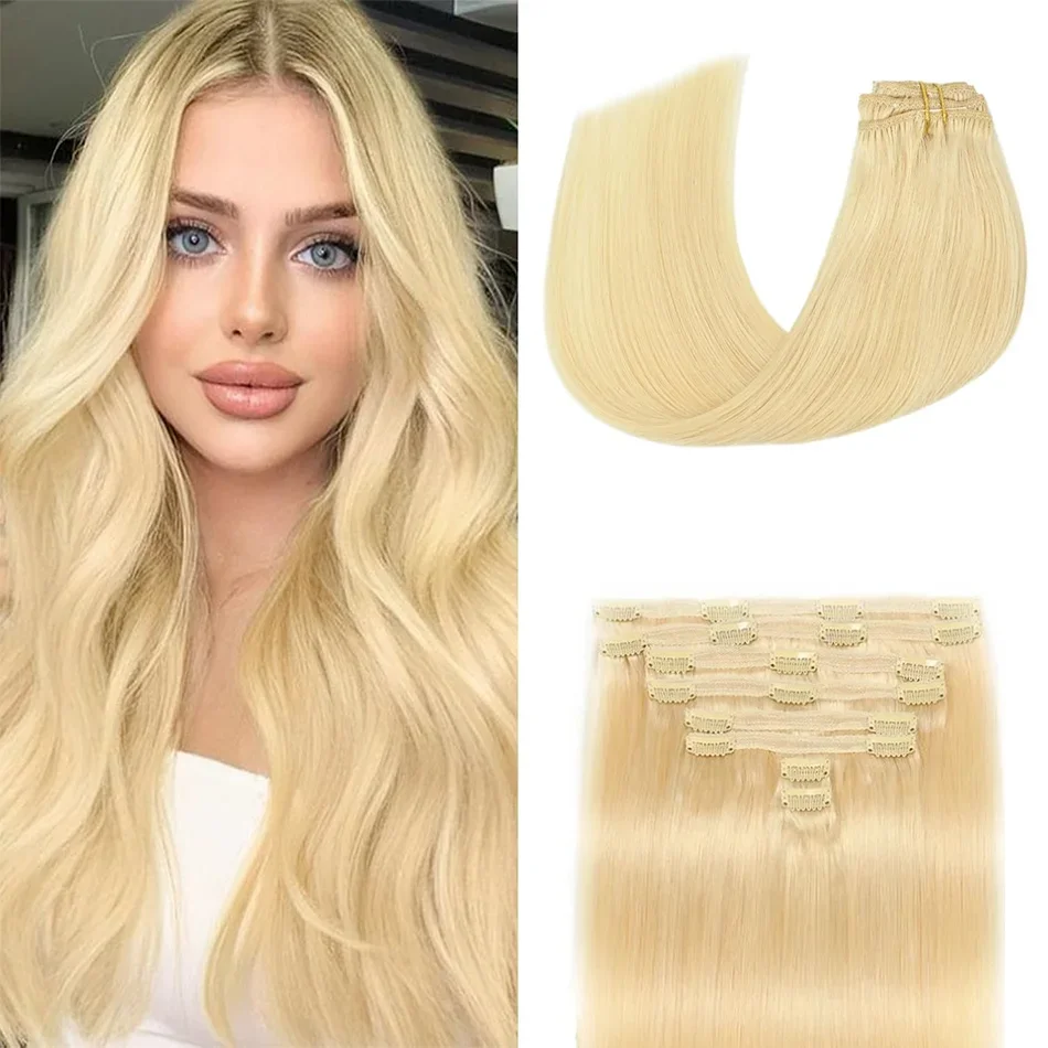 #613 Extension per capelli umani con clip lisce bionde 100% Remy 8 pezzi 120G testa intera per donne_voghion.com