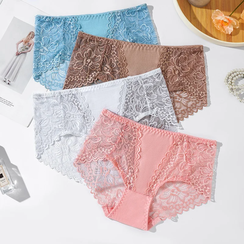 Hot Sale Ladies Lace Underwear Mid Waist Transparent Hollow Out