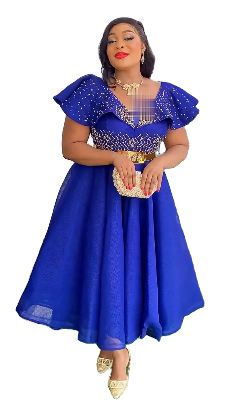 2024 African Modest Hot Production Luxury Diamond Summer White Dress With Gold Belt Short Sleeve V Neck Skirt for Women K0416 2024 African Modest Hot Production Luxury Diamond Summer White Dress With Gold Belt Short Sleeve V Neck Skirt for Women K0416