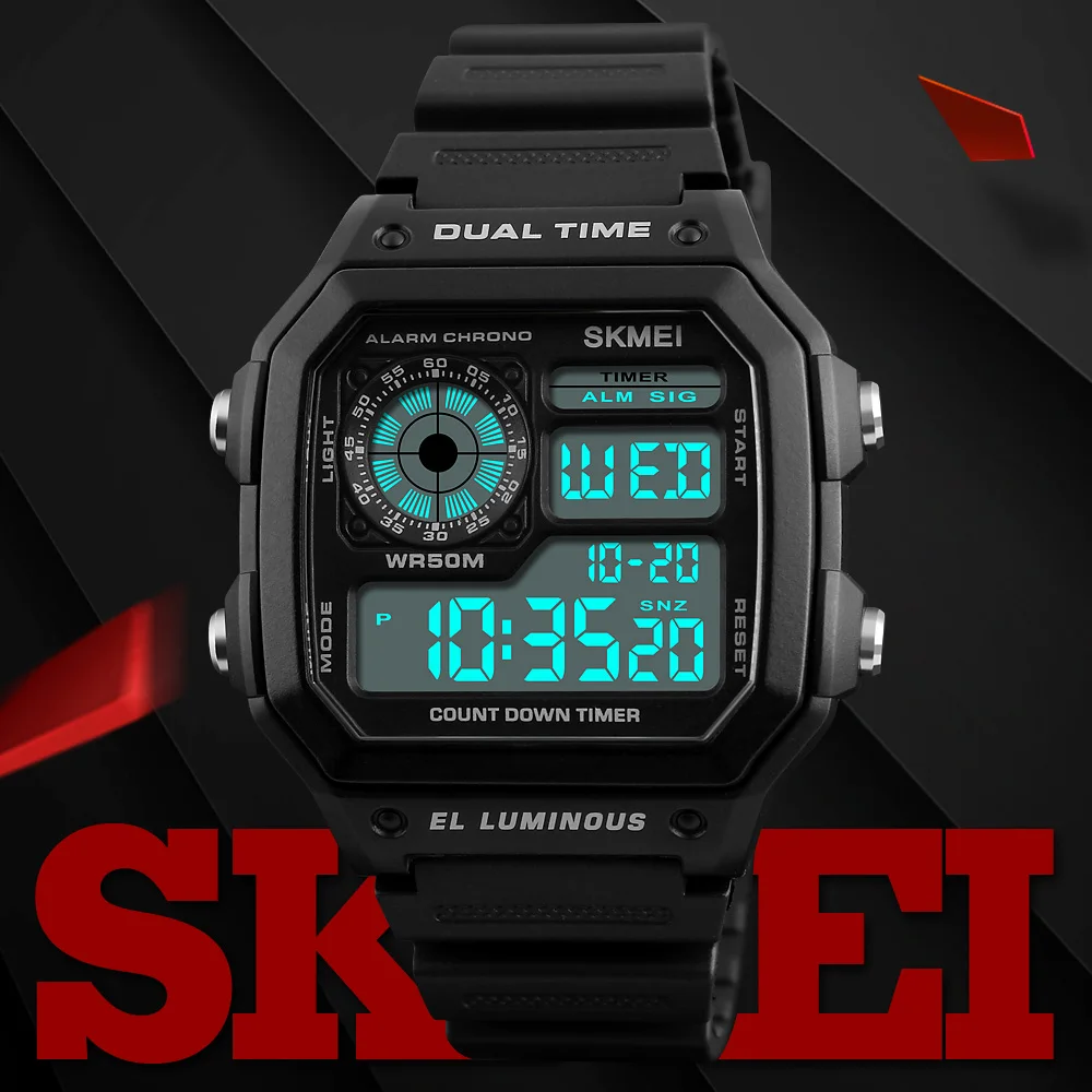 SKMEI 1299 Dual Time Alarm Chronograph Watch Mens Fashion Digital Sport Wristwatch