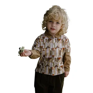 Guangdong Factory's Hot Selling  Brown Triangle Long Sleeve Boys Shirt for Summer Autumn  Formal Multi-Color Collection