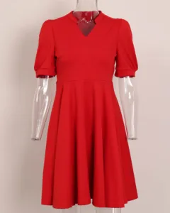 New HZSN Dress Women's Short Sleeved V-neck Retro Elegant Casual Dress