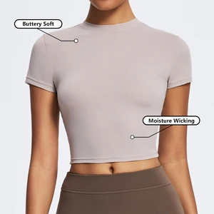 Soft Blank Crop T Shirt 80%Nylon 20%Spandex Wholesale Running Yoga Top Custom Logo Short Sleeve Shirts Women Slim Fit Tshirts