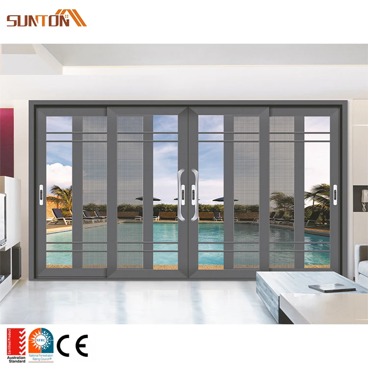 Custom Made Modern Multi Slide Doors Exterior Patio Large 4 Panel Aluminium Lattice Glass Sliding French Door with Grid Design