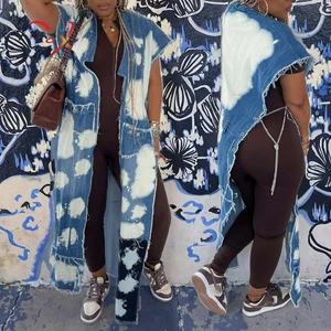 GX8696 Fashion Women Autumn Denim Long Jackets Unique Trendy Jeans Sleeveless Split Chain Long Coats