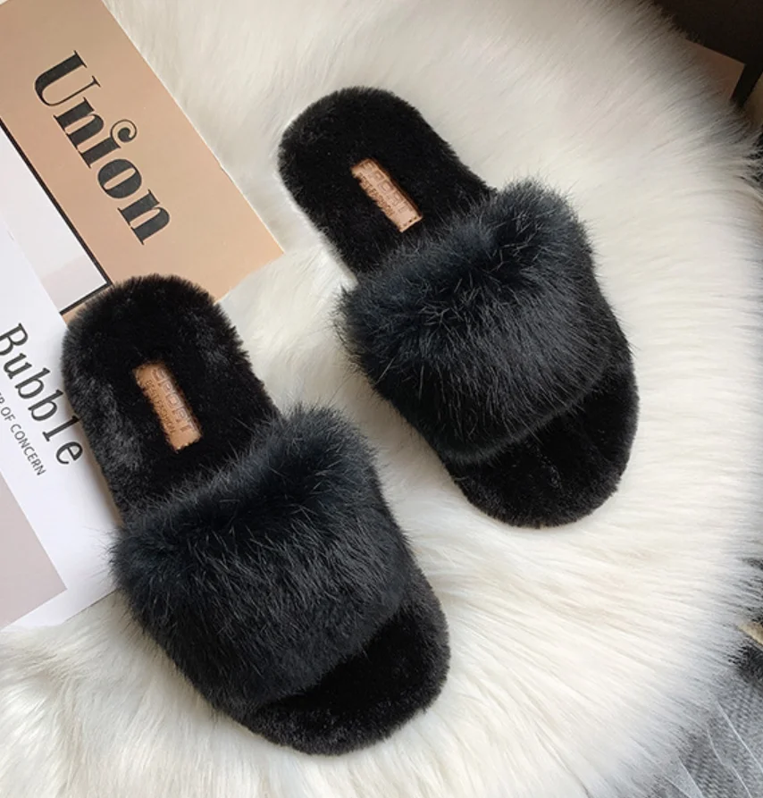 Black Slides Wholesale Faux Fur Slides Fluffy Slippers Big Faux