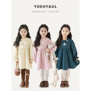 YOEHYAUL Q4593 Autumn Long Sleeve Children's Cotton Flower Rabbit Embroidered Dress Peter Pan Collar Lace Cuff Girls' Dresses