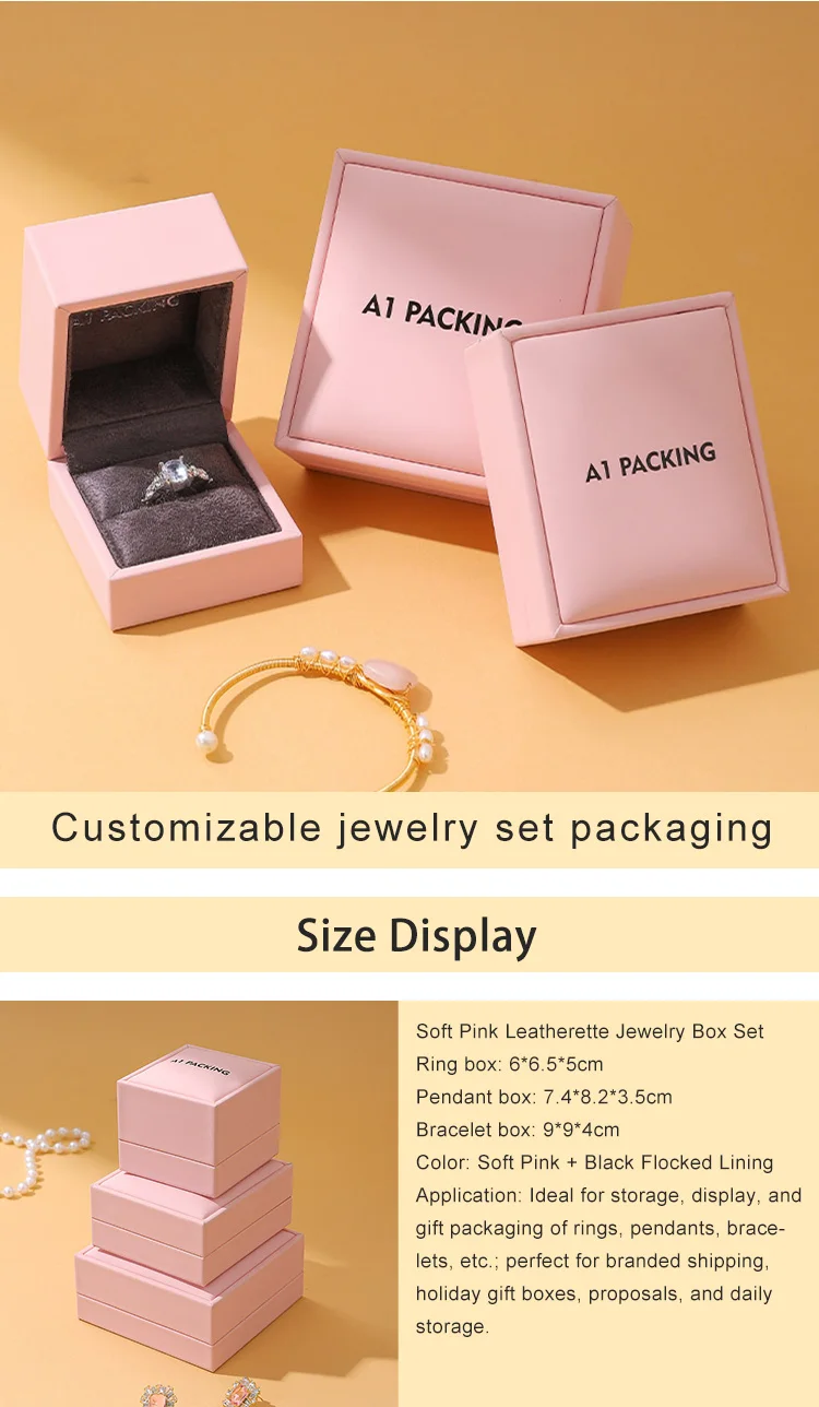 product pu leather  microfiber ring and bracelet box caja joyeria with custom logo pink color sponge insert for jewelry packaging-2