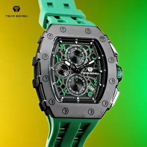TSAR BOMBA TB8204QA Quartz Fashion Men's Watch Stainless Steel Case Sapphire Crystal Silicone Band Seiko Movement Tonneau Shape