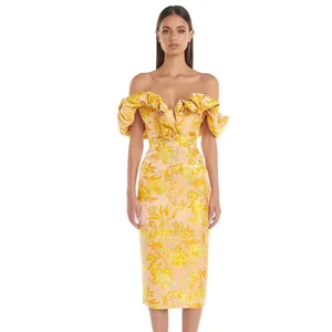 French Style Elegant Yellow Jacquard Evening Dress Slim Fit Off-Shoulder Waist-Cinching Chiffon for Summer Socialite Parties