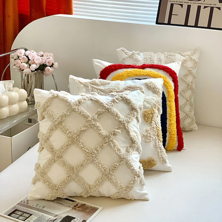 Boho Indian Tufted Throw Pillow Case Green Embroidery