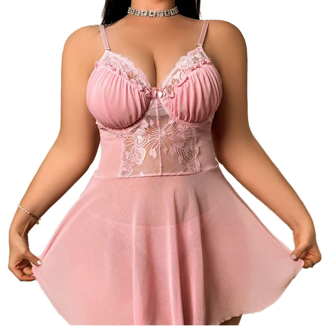 Hot Selling Pink Plus Size Women's Sexy Lingerie Dress with Thong Leg Garter Lace Decoration Light Control Wholesale Supply