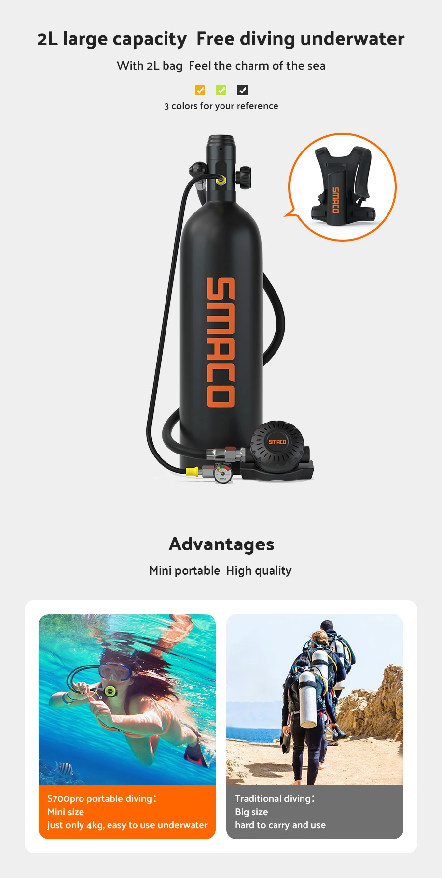 Smaco 2l S700pro New Set Air Oxygen Tank Up To 25-30 Minutes Dive High ...