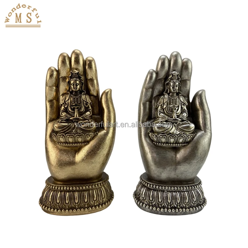 Resin palm buddha figurines sitting in hand idol statue gold antique polystone sculpture religious buddha statue