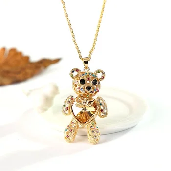 18k Gold Plated Jewelry wholesale I love You Crystal Love Heart Cz Bling Teddy Bear long Necklaces For women
