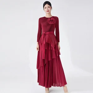 2025 Latest Design High Quality Ladies Maxi Casual Dress Pleated Shirt Skirt Two-Piece Set Solid Pattern Belt Vintage Autumn