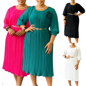 D614 Fashion Summer Dresses Women Casual 3/4 Sleeve O-neck Pleated Office Lady Dress Elegant African Dresses for Women With Belt