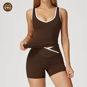 Custom Fitness Top Color Contrast Sleeveless Gym Sports Bra Workout Shorts Wear Shockproof Women's 2pcs Yoga Set