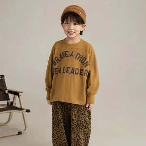 Casual Crew Neck Boys' T-Shirt 100% Cotton Long Sleeve Hoodie with Yellow Letter Print Tight Cuff Top Clothes for Kids