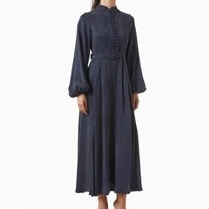 Wisrise Fashion Factory New Design Minimalist&Soft Women's Navy Long Sleeve Self-Tie Belt Flowy Maxi Dress