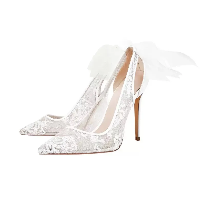 Ladies Bride Shoe Pointed Toe Stiletto Wedding Shoes Big Size 45  White Lace Flower 10 Cm Heel Women