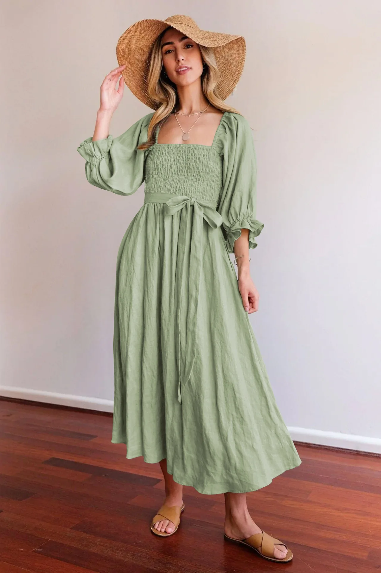 Women Wear Elegant Long Evening Party Dress Square Neck Long Sleeve High Waist Elegant A-Line Dresses
