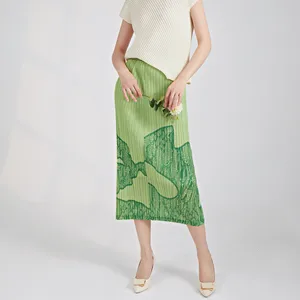 Miyake Pleated Midi Skirt Chic and Unique Print High Waist Slimming Versatile Long Pencil Skirt for Women