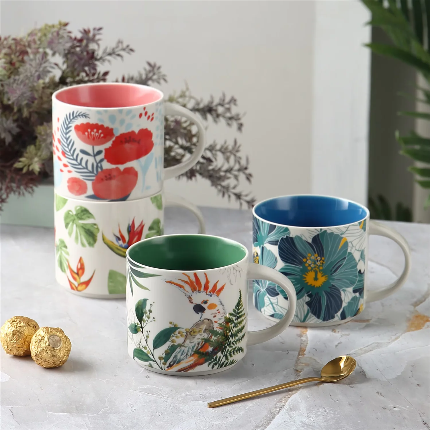 Custom Pattern with Colored Inside Porcelain Cup 450ml Ceramic Stackable Coffee Mug for Cafe Office Home