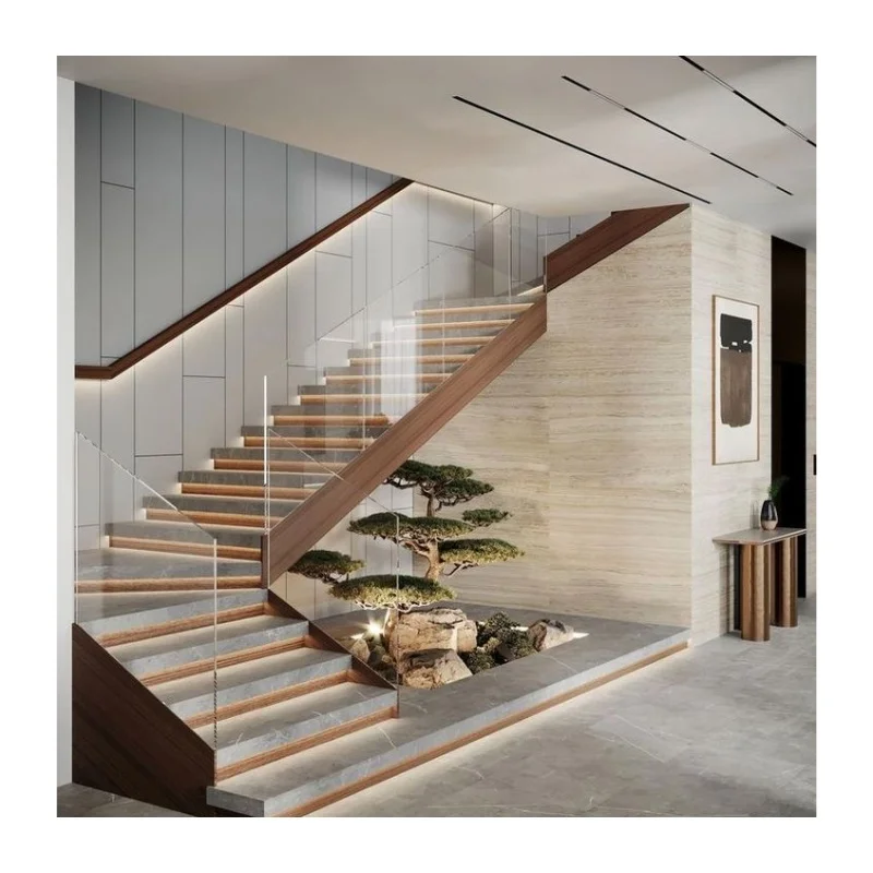 CBMmart Solid Wood Interior Staircase with Led Light Modern Design Steel Beams Covers Exterior Shoe Display Stand with king Post