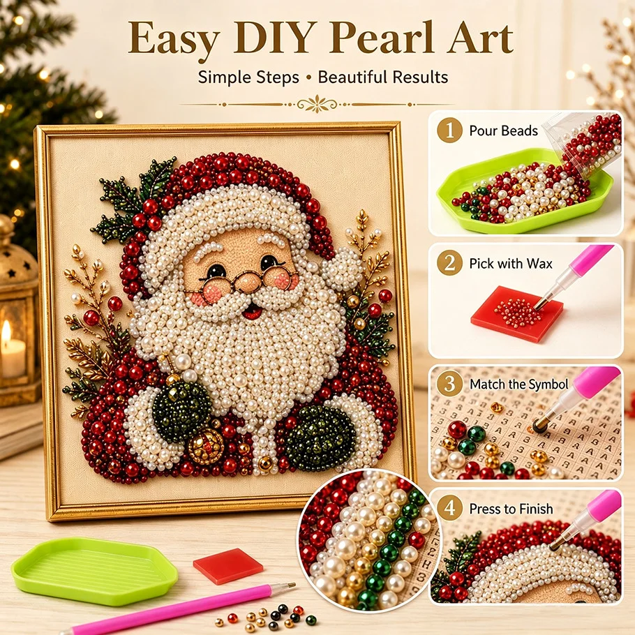 How pearl art works: pour beads, use the applicator, match the canvas symbol, and press pearls into place