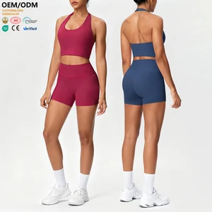 XW-7125+7101 Logo Shorts Yoga Wrap Top Casual Women's Shorts Bra Woman Leggings Pilates Track Suit Custom Logo Gym Bra Set