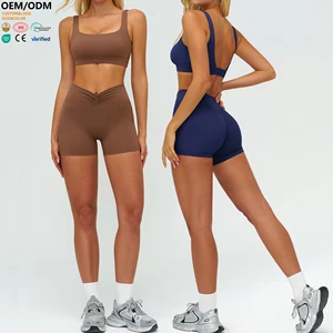 XW-TZ9313-3 Wholesale Shorts Breathable Sports Bra Gym Clothing Workout Fitness Training Chest Pad 2 Piece Yoga Wear Set