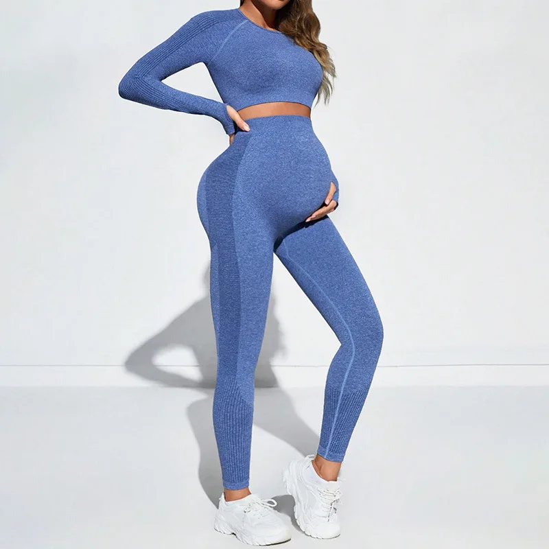 product seamless knitted pregnant women long sleeve yoga set europe america sexy abdominal support peach hip tight maternity sports set-61