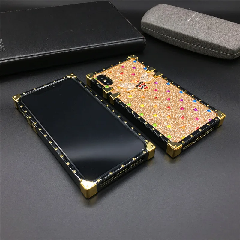 For iPhone 13 PRO 12 11 XS Max Cover Luxury Brand Black Rose Flower Glitter  Gold Square Case for Samsung Note 20 Ultra S21 Plus