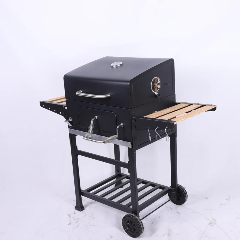 Big Barbecue Black Outdoor Meat Smoker Square Large Charcoal Trolley Bbq Grill With Side Table details