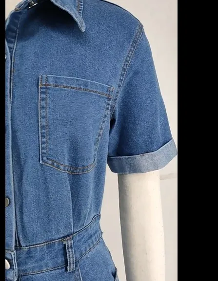 Salopette Jean Femme Courte Taille Haute - Combinaison Denim Effet Usé Bretelles Réglables