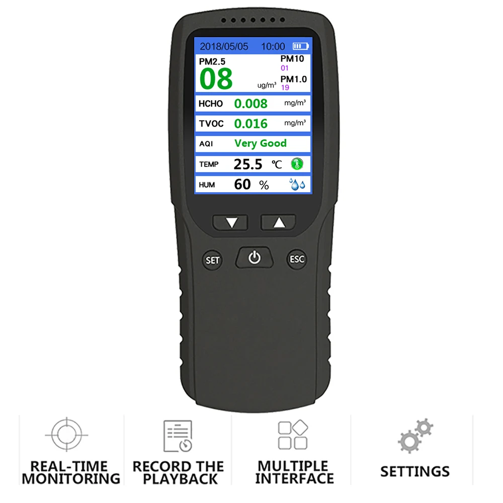Boyuan Moniteur Qualité Air Intérieur 9 En 1 - Détecteur CO2 Portable Avec PM2.5, CO, TVOC, HCHO, Température Et Humidité