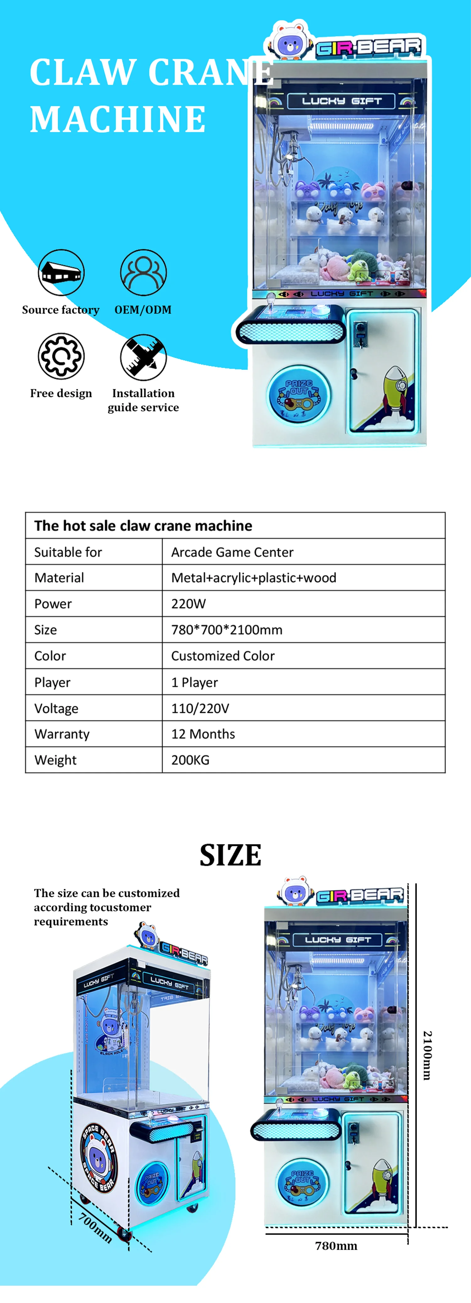 Funpark Plush Catcher Claw Machine with Bill Acceptor Open a Shop Arcade Game Prize Doll Grabber Coin Pusher Claw Crane Machine factory