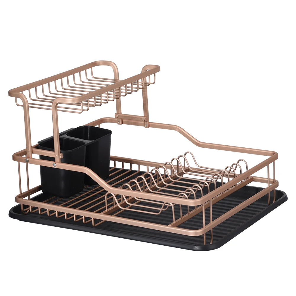Kitchen Rose Gold Dish Rack Aluminum 2 Layer Dish Rack Organizer With
