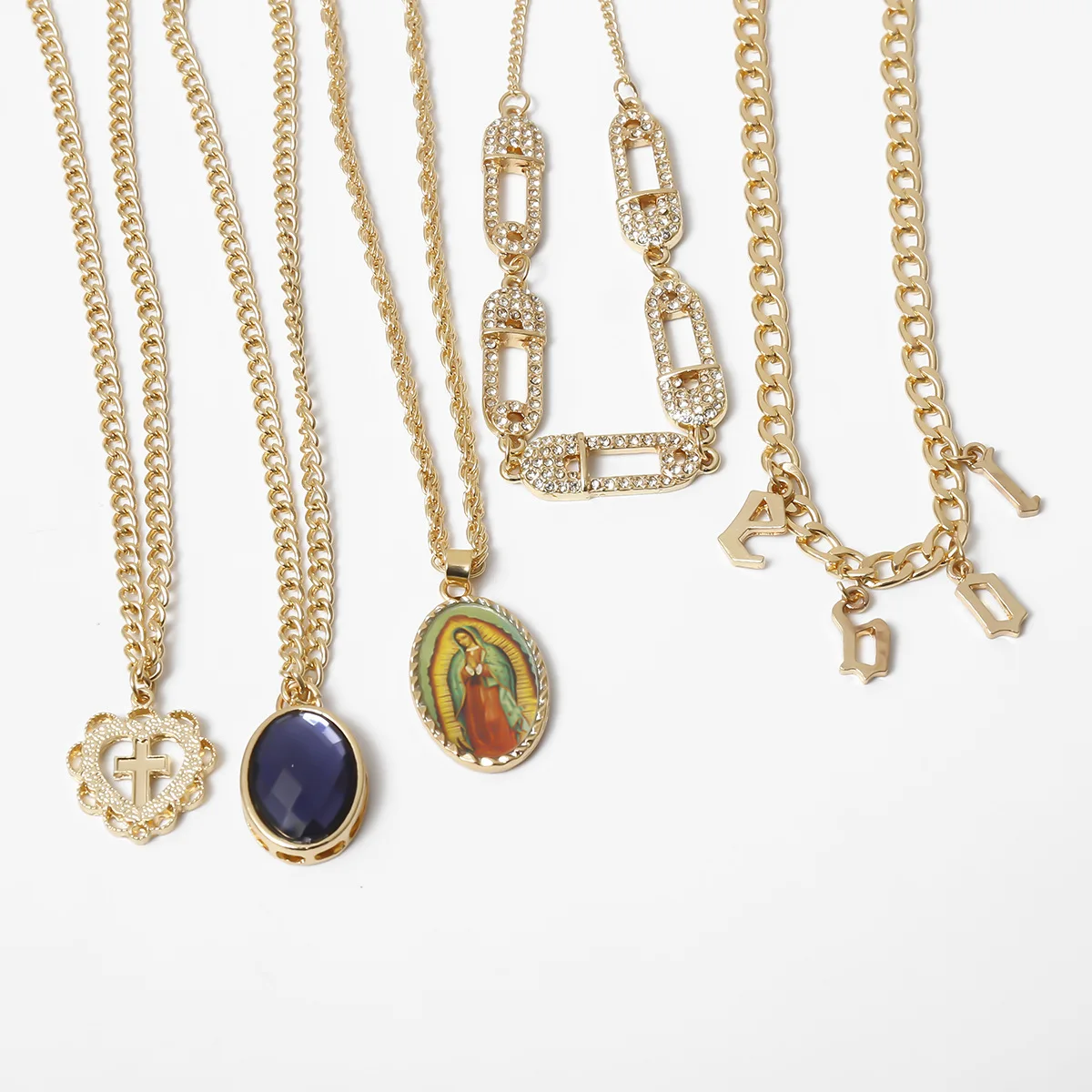 New Ins Trend Multi Layer Gold Necklace Set Hot Pin Diamond Clavicle Chain love Cross Virgin Mary Pendant Gem Necklace Jewelry