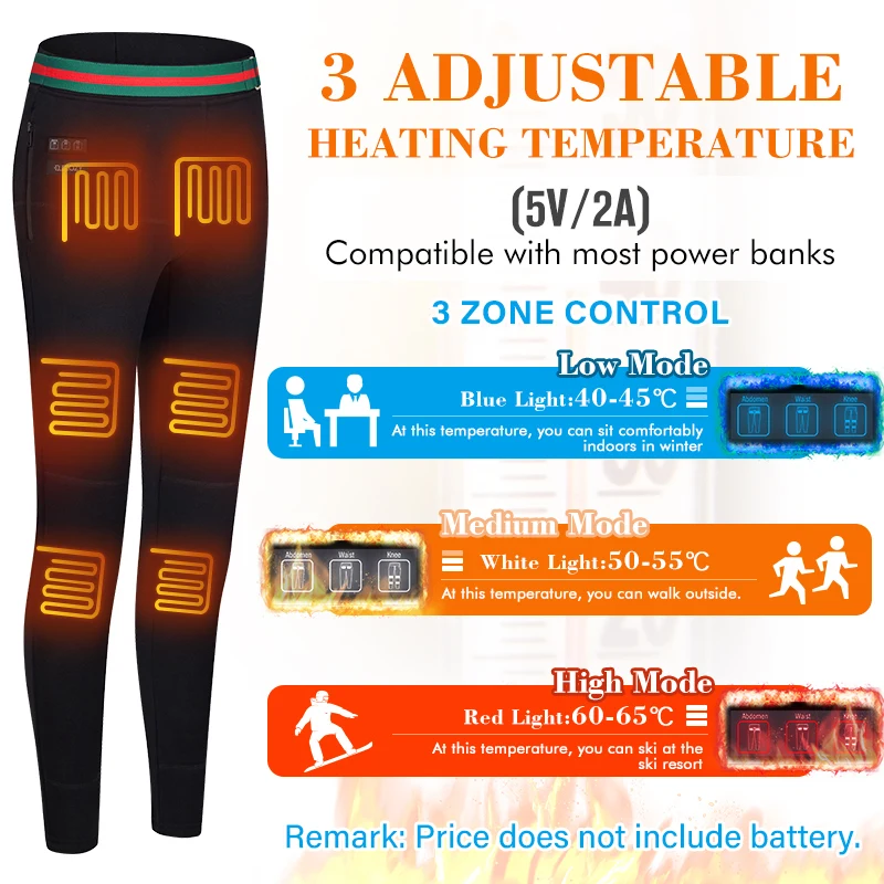 ELECOZY USB 3 Level Temperature Control Carbon Fiber Thermal Heated Pants Cold Winter Battery Powered Body Warming Trousers