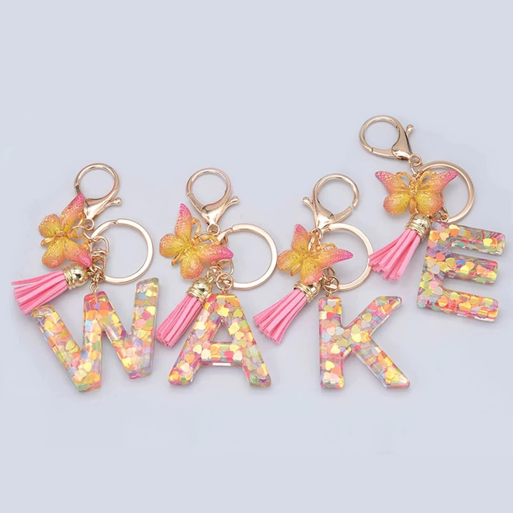 Acrylic Butterfly Letter Keychains English Alphabet Crystal Women Key ...