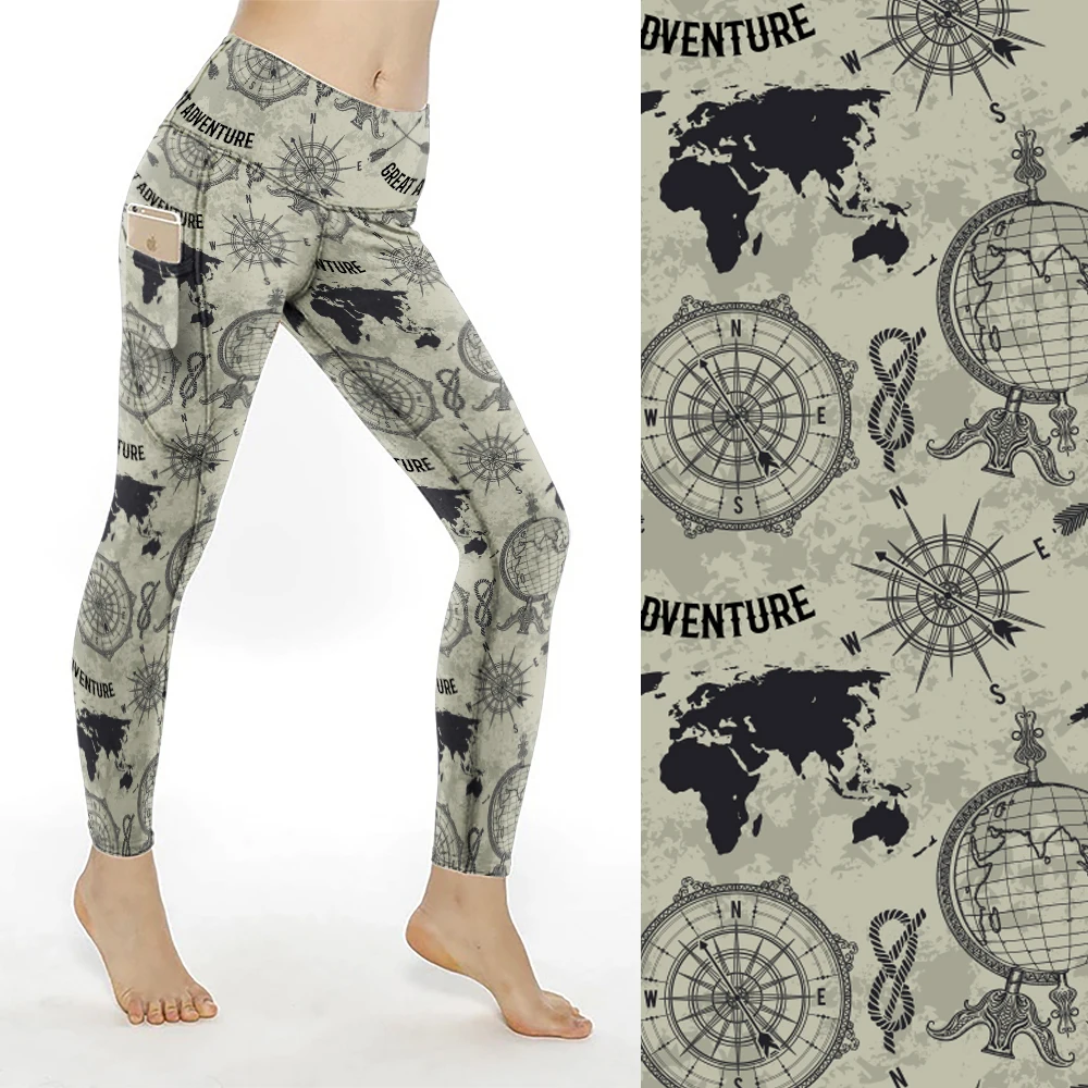 Low Moq Custom World Map Printed Leggings High Waist Buttery Soft Leggings With Pockets for Women