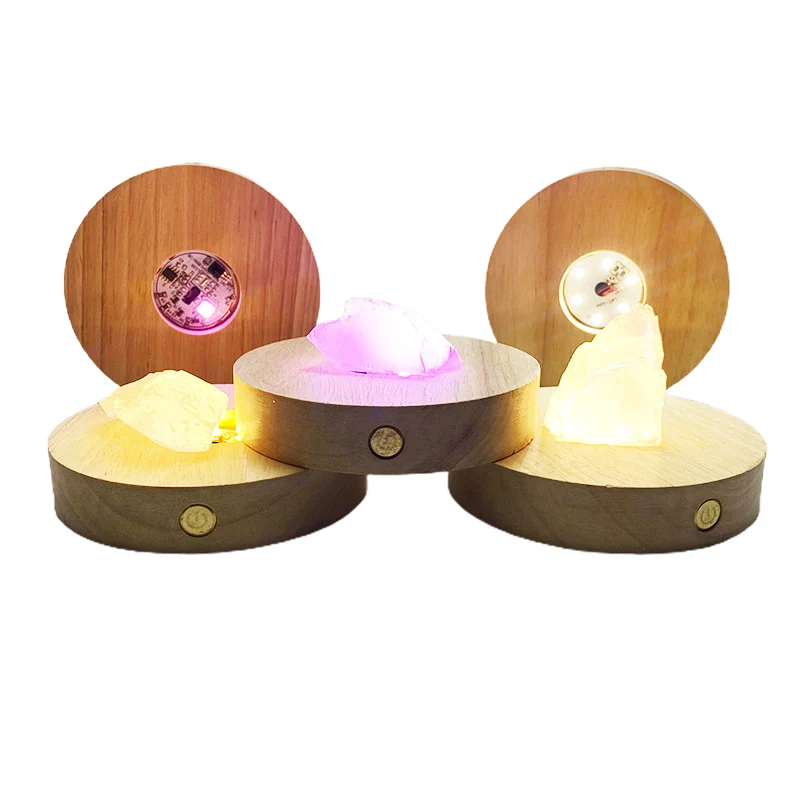 Round Wooden 3d Night Light Base Holder Led Display Stand For Crystals